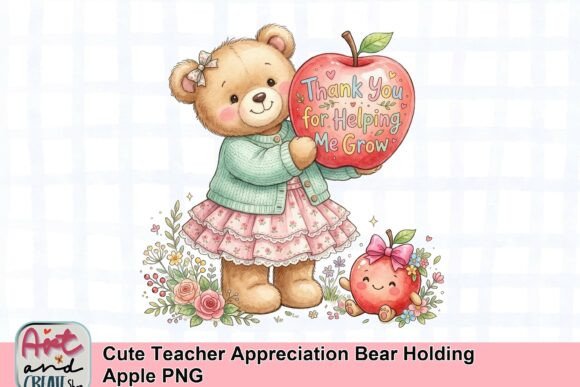 Cute Teacher Appreciation Bear Holding Apple PNG